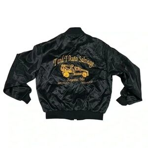 Vintage Satins Made‎ in USA T and T Auto Salvage Full Zip Varsity Jacket. Sz XL